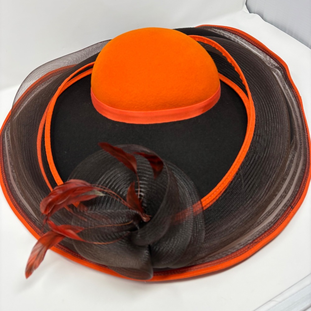 Vintage Bellini New York 100% Wool Felt Derby Church Hat Orange Black Wide Brim - Picture 11 of 13